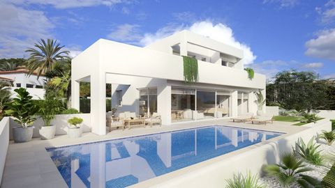 Moderne Villa mit Meerblick zu verkaufen in Baladrar, Benissa. Wunderschöne Luxusvilla im Ibiza-Stil mit herrlichem Blick auf das Meer und den Peñon d'Ifach. Im Erdgeschoss gibt es eine Eingangshalle und Zugang zu einem integrierten offenen Wohn-Essz...