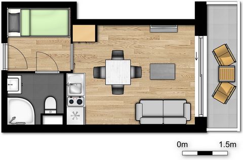 Esta nueva suite de vacaciones para 4 personas cuenta con un sofá cama en la sala de estar y un rincón para dormir con una litera. El alojamiento está equipado con todas las comodidades y tiene una agradable sala de estar con televisor de pantalla pl...