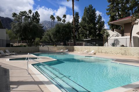A FEE-Land condo with European Flair situated in a separate community located just west and above the Palm Springs Villas on the hill, with it's own entry and spacious private grounds. There are two pools and spas, tennis courts, with majestic mounta...
