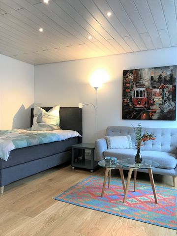 Die 2020 renovierte Wohnung befindet sich in Hochparterre eines gepflegten Mehrfamilienhauses. Im Wohnbereich wurde ein hochwertiger Parkettboden neu verlegt. Das Wohn-/ Schlafzimmer ist mit einem Bett (1,40x2m), einem Kleiderschrank, einem Sofa, ein...