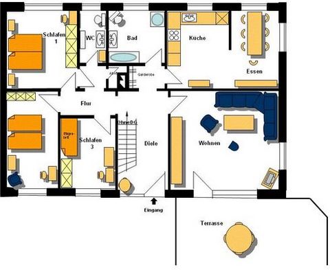 6-kamer app. (114 m²) + terras (32 m²), tuin, badkamer + toilet, 3-7 personen. Oostzeevakantie Travemünde, Lübeck. Parkeerplaats, afgelegen locatie, WiFi, wasmachine