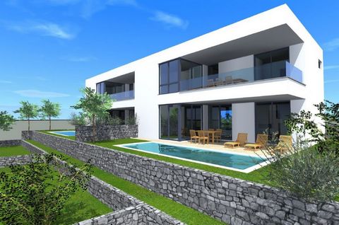 The island of Krk, Malinska, new semi-detached house surface area 180 m2 for sale, with swimming pool and sea view. The house consists of ground floor with living room, kitchen, dining area, bedroom, bathroom, hallway and terrace, first floor with th...